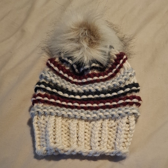 Hand-knit Striped Winter Hat With Fux Fur Pompom - Picture 1 of 4